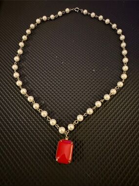 Pearl Chain Necklace with Red Pendant - Women's Jewelry